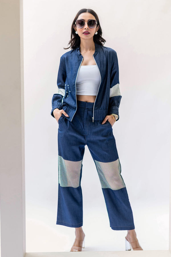 Blue Denim Embroidered Pearl Open Work Bomber Jacket And Pant Set For Women