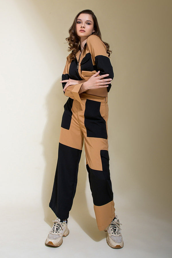 Beige Polyester Plain Collar Color Block Crop Jacket And Pant Set For Women