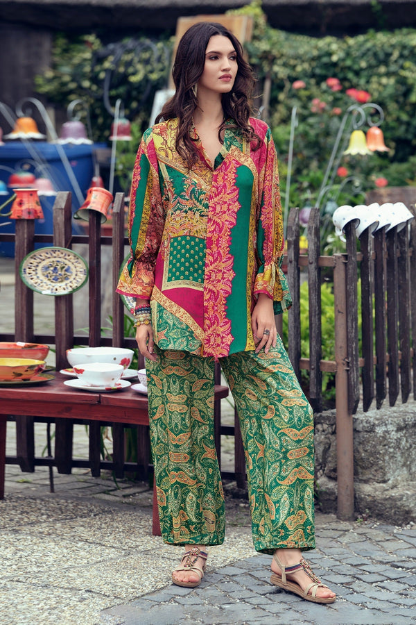 Green Viscose Woven Muslin Printed Floral V Neck Shirt And Pant Set For Women