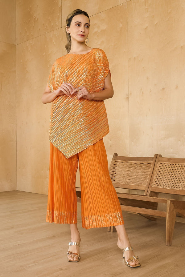 Orange Pleated Polyester Textured Metallic Long Top With Pant For Women