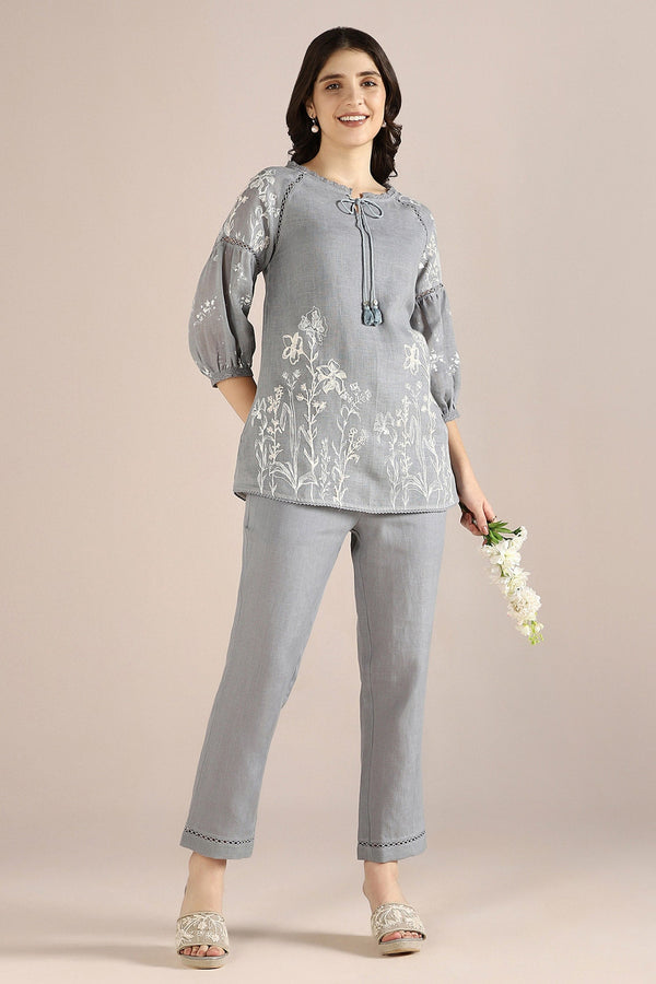 Blue 100% Linen Hand Drawn Floral Savannah Kismat Top With Pant For Women