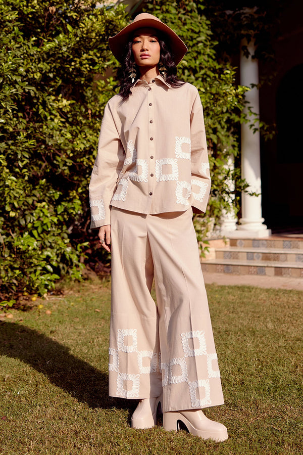 Beige Cotton Linen Embroidery Quad Swirl Cora Shirt With Trouser For Women