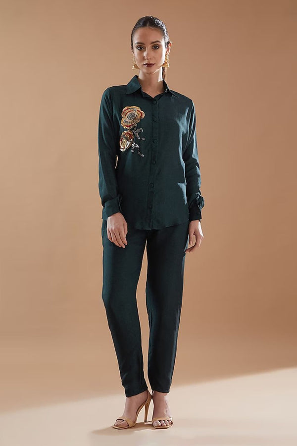 Green Bamber Silk Embroidered Sequin Shirt Collar Placed Floral With Pant