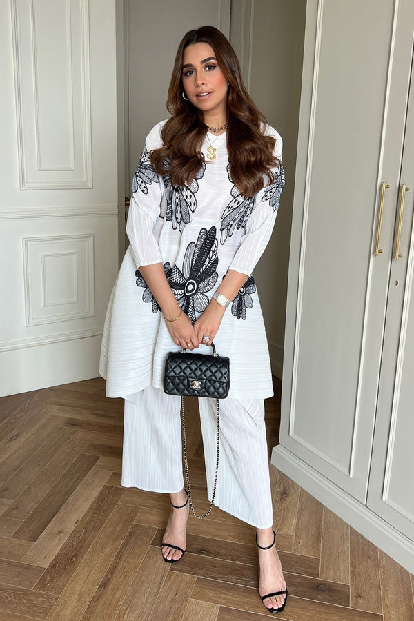 White Pleated Polyester Embroidery Fayola Flower V Tunic With Pant For Women