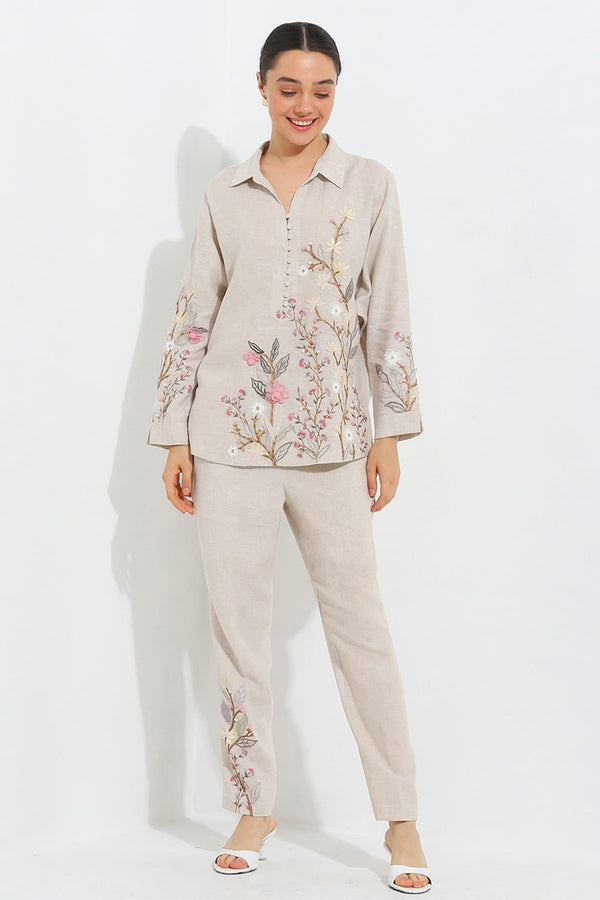 Beige Crepe Blend Threadwork 3-d Floral Elara Top With Pant For Women