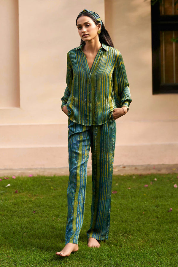 Green 100% Modal Hand-block Printing Lounge Block Shirt And Pant Co-ord Set