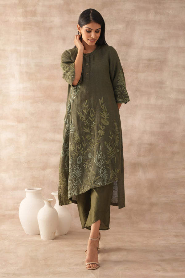 Green Linen Embroidered Dori Round Floral Tunic And Pant Set
