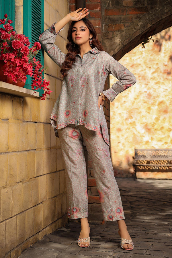 Pink Silk Chanderi Print Floral Collared Neck Mughal Shirt With Pant