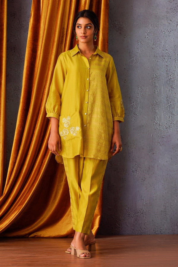 Green Chanderi Embroidered Sequin Collared Placement Shirt Pant Set