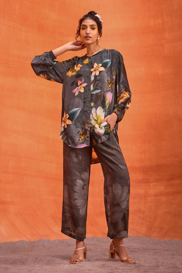 Grey Viscose Crepe Print Fresh Glory Round Neck Carly Shirt With Pant