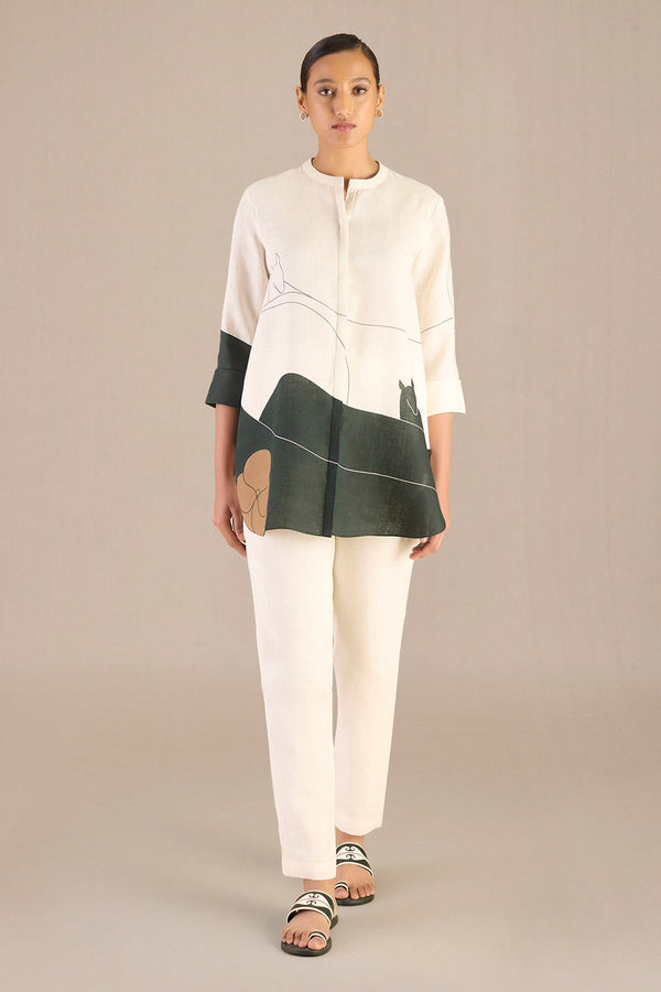 Ivory Linen Printed Abstract Band Collar Shireen Shirt And Pant Set