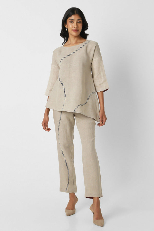 Grey 100% Linen Placement Hand Screen Forest Wiggle Top With Pant