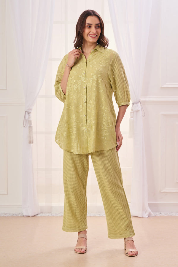 Green Silk Cotton Blend Embroidered Safari Collar Shirt And Pant Set