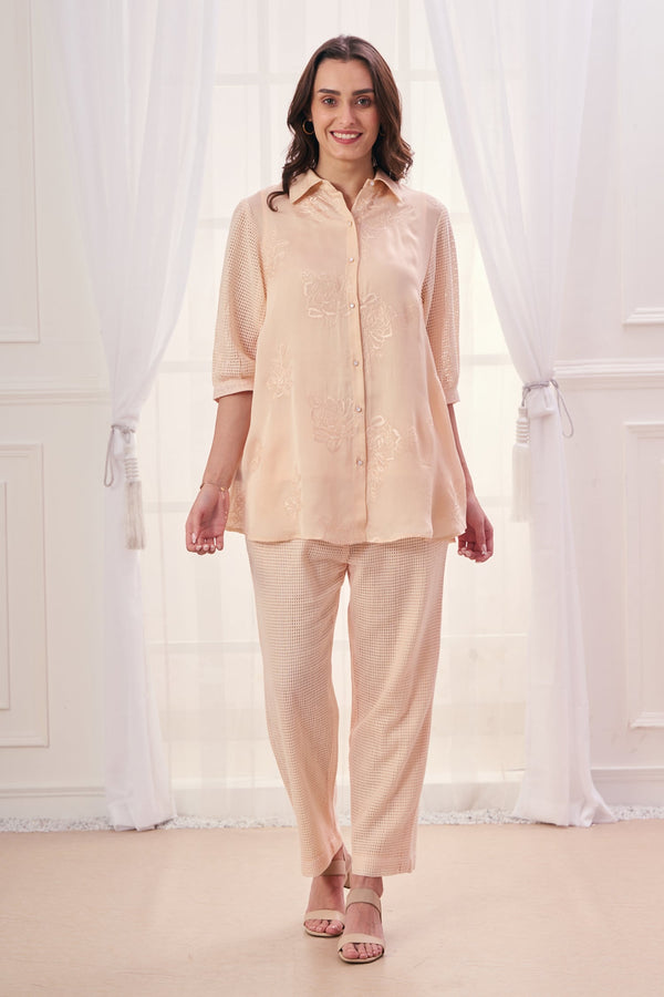 Pink Silk Cotton Blend Embroidered Floral Collar Shirt And Pant Set