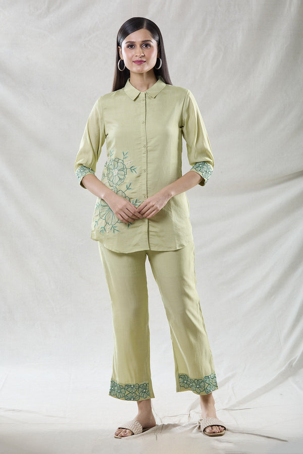 Green Viscose Embroidered Applique Collared Kia Shirt And Pant Set