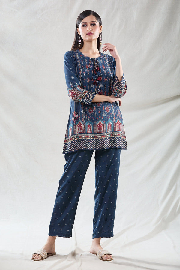 Blue Muslin Round Short Tunic And Pant Set