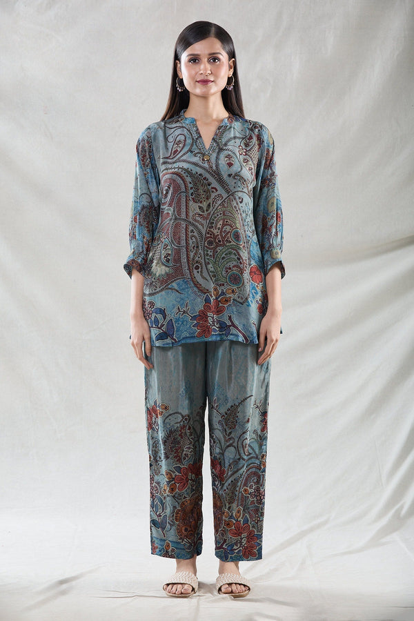 Blue Muslin Printed Paisley Notched Tunic And Pant Set