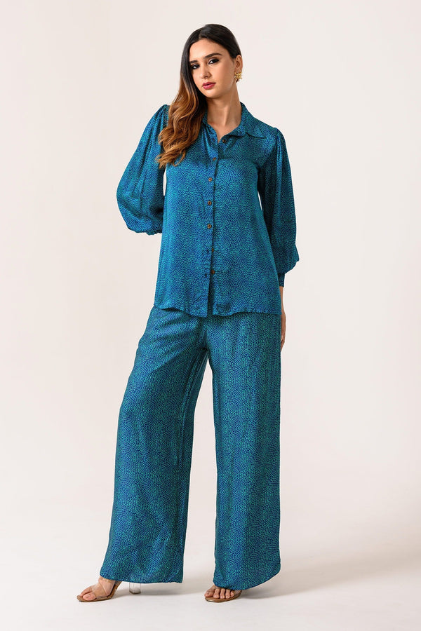 Blue Silk Satin Printed Abstract Collared Sea Shirt And Pant Set