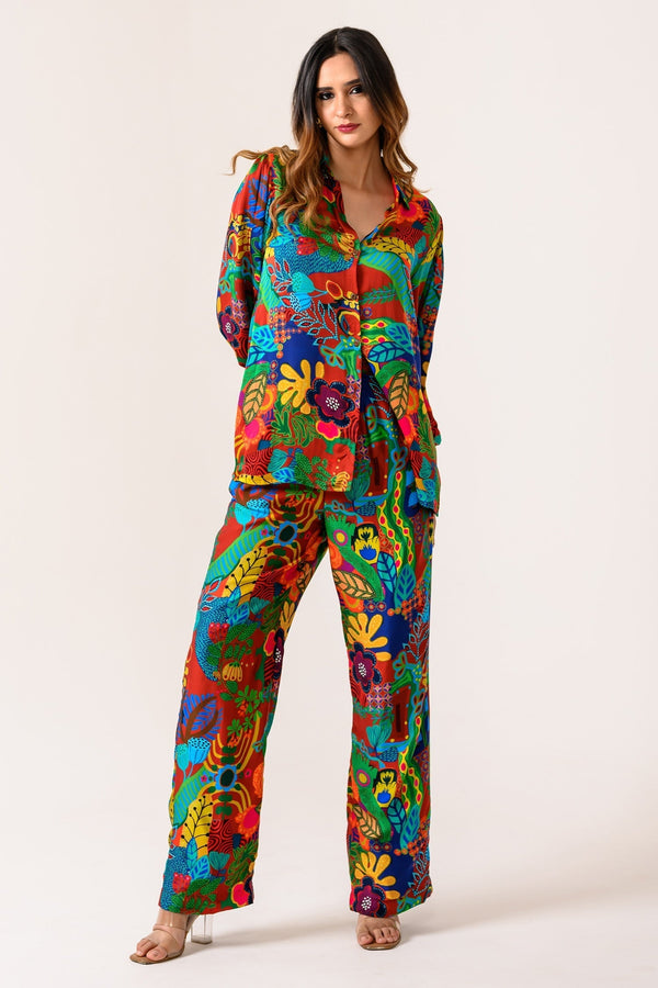 Multi Color Silk Satin Printed Floral Collar Shirt And Pant Set