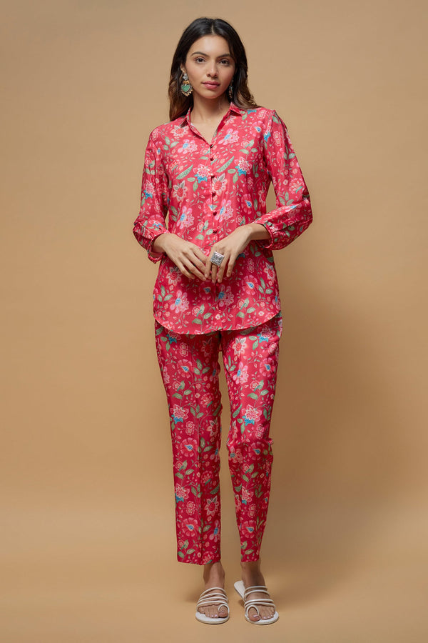 Pink French Crepe Print Floral Collar Neck Shirt With Pant