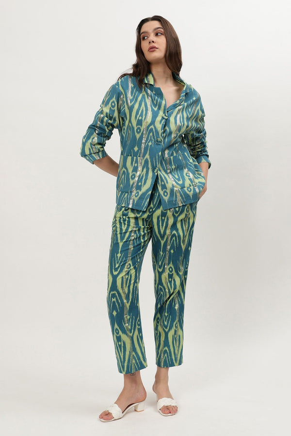 Blue Cotton Crepe Print Ikat Collared Neck Chrisette Shirt With Pant