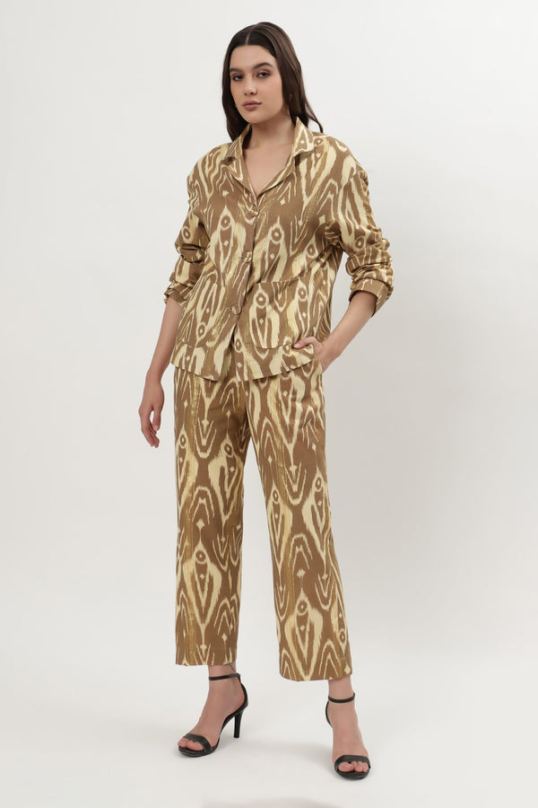Brown Cotton Crepe Print Ikat Collared Neck Sheryl Shirt With Pant