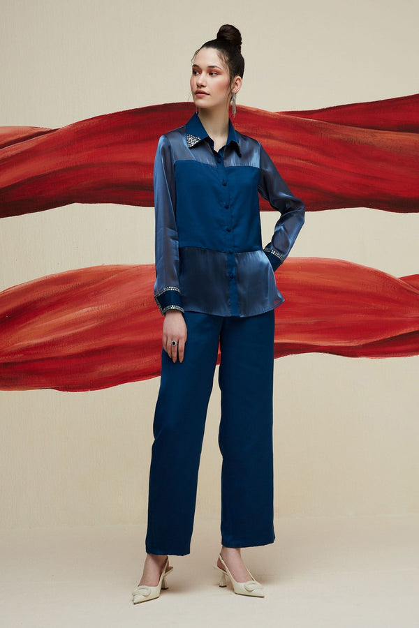 Blue Luxury Satin Embellished Stone Collar Midnight Storm Shirt With Pant