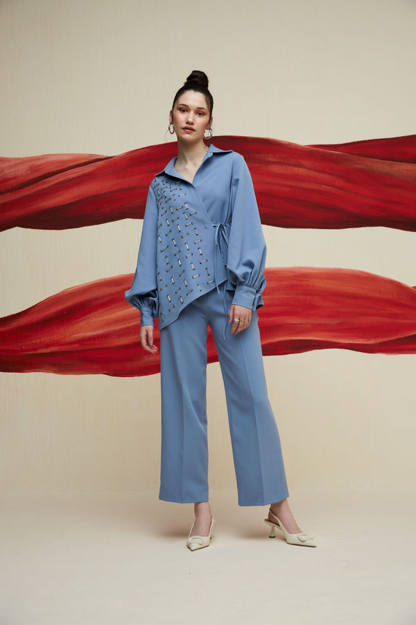 Blue Luxury Crepe Placement Embroidery Geometric Collared Neck Shirt With Pant