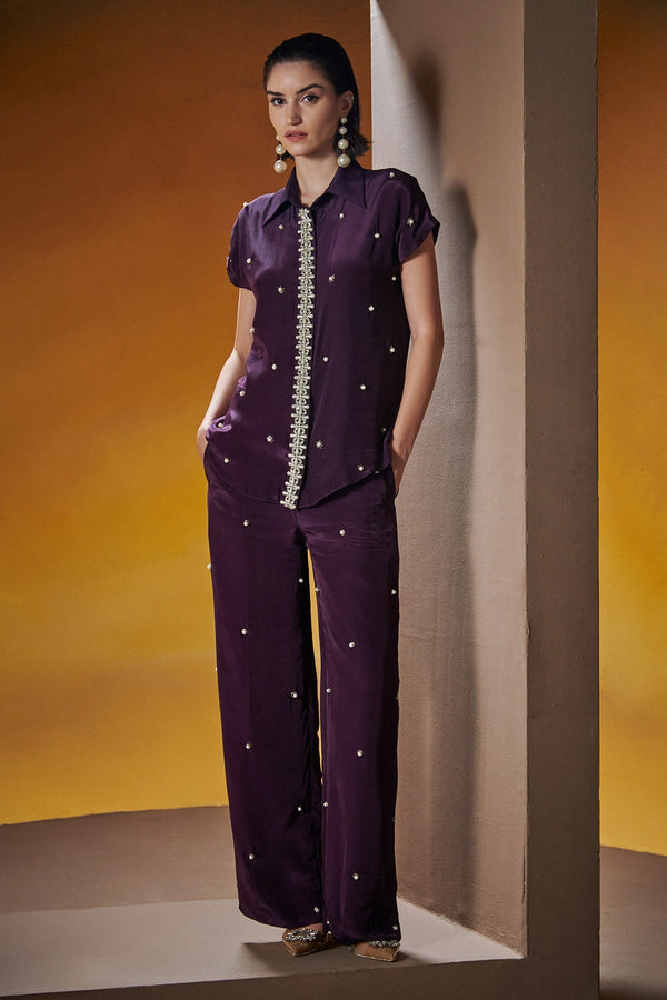 Purple Crepe Silk Embroidered Crystals Collared Make It Glam Shirt With Pant