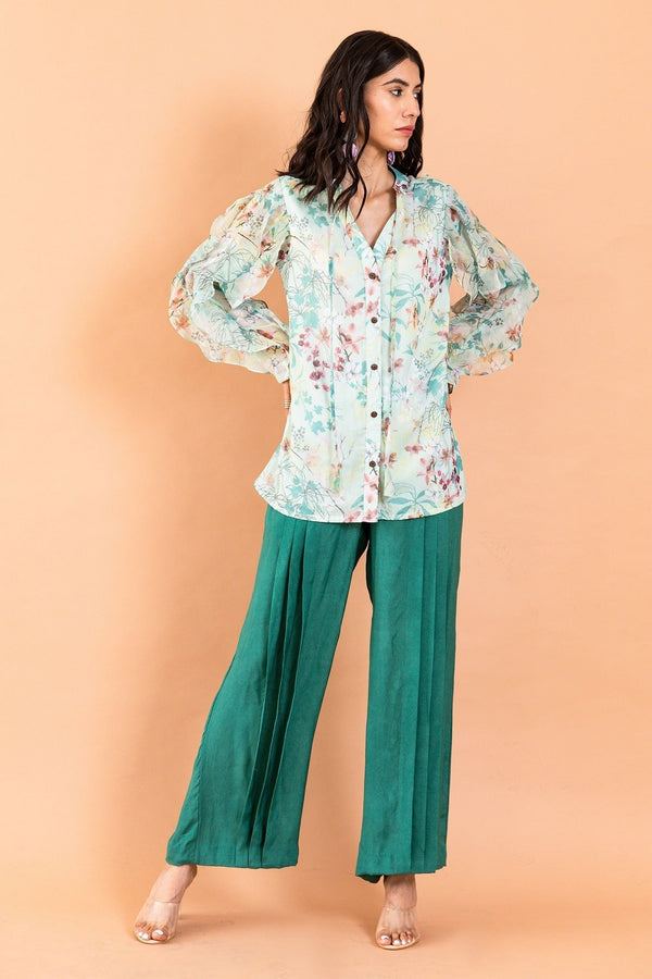 Green Recycled Chiffon Amberlyn Catmint Print Shirt And Pant Set
