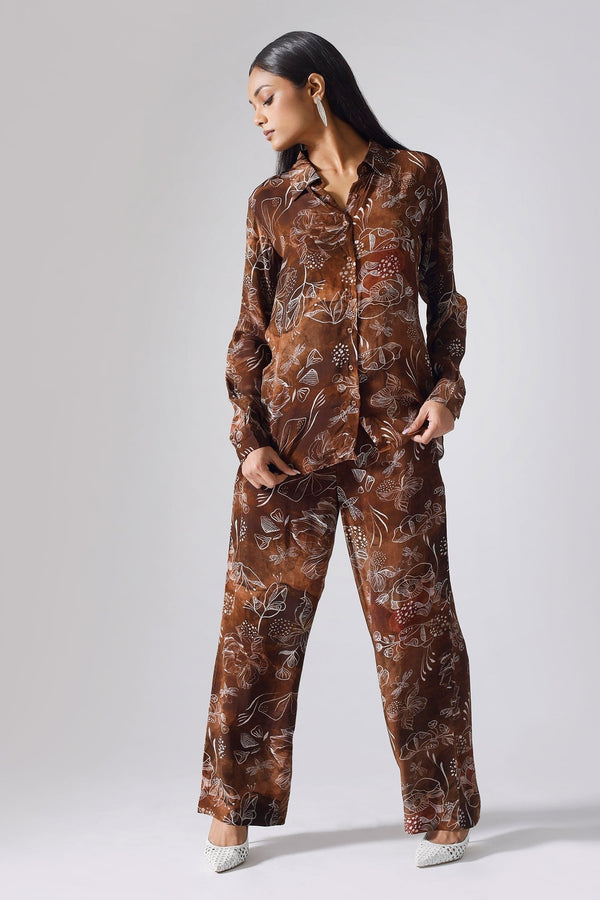 Brown Crepe Floral Print Shirt And Pant Set