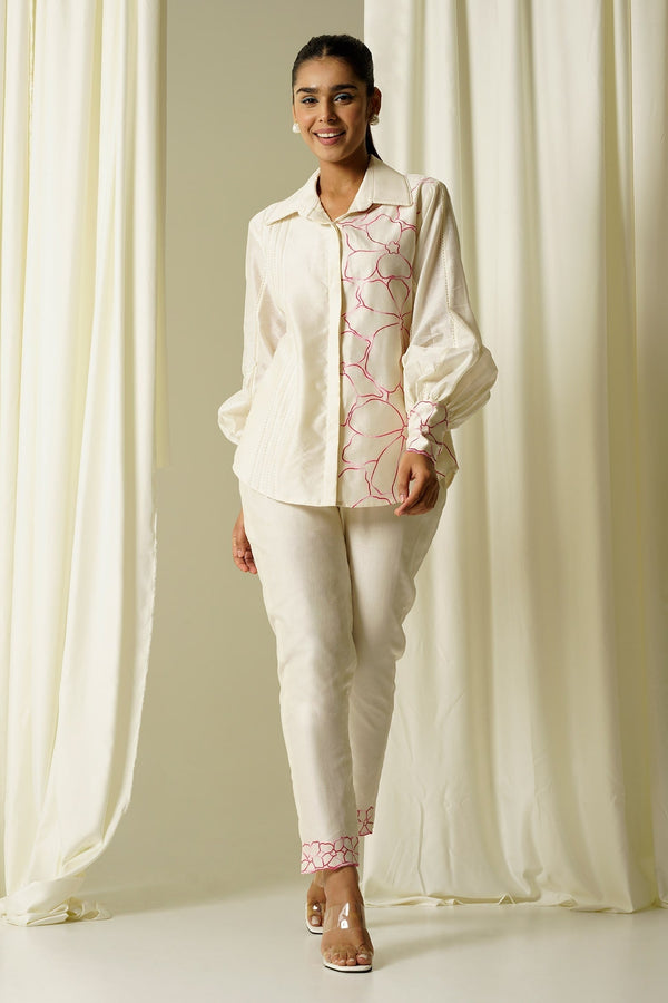 Ivory Chanderi Embroidered Thread Collared Neck Shirt And Pant Set For Women