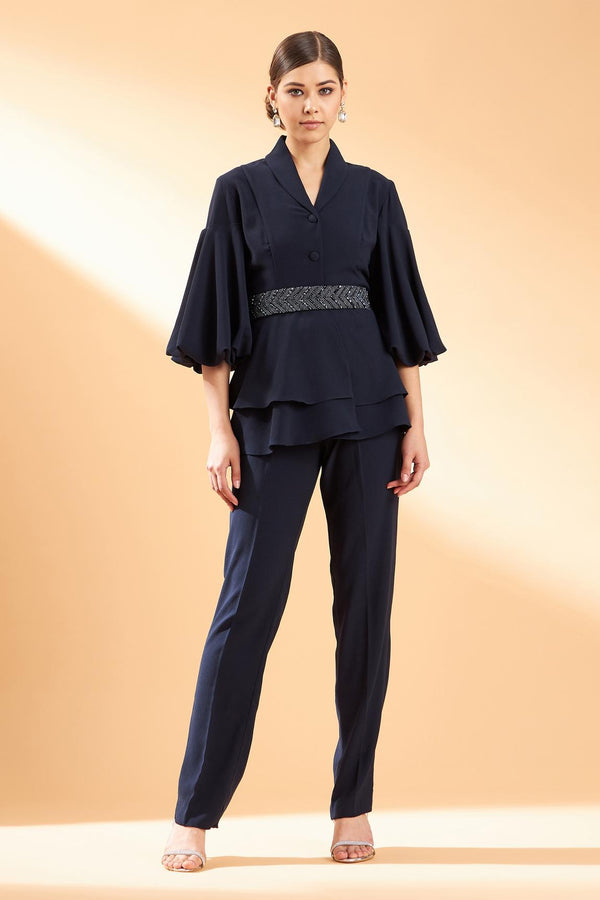 Blue Moss Crepe Layered Jacket And Pant Set