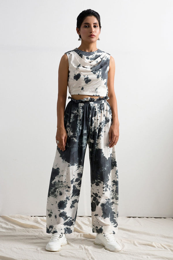 Black Muslin Silk Cowl Helen Tie Dye Co-ord Pant Set For Women