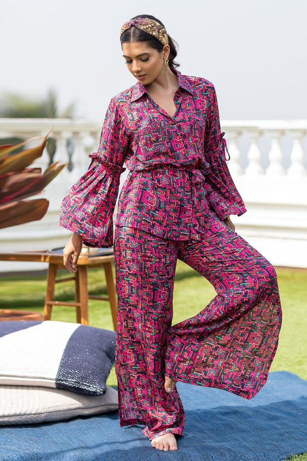 Pink Crepe Printed Shirt And Pant Set