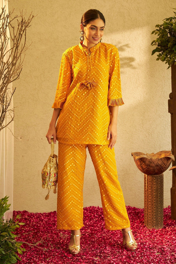 Yellow Pleated Myra Embroidered Top And Pant Set