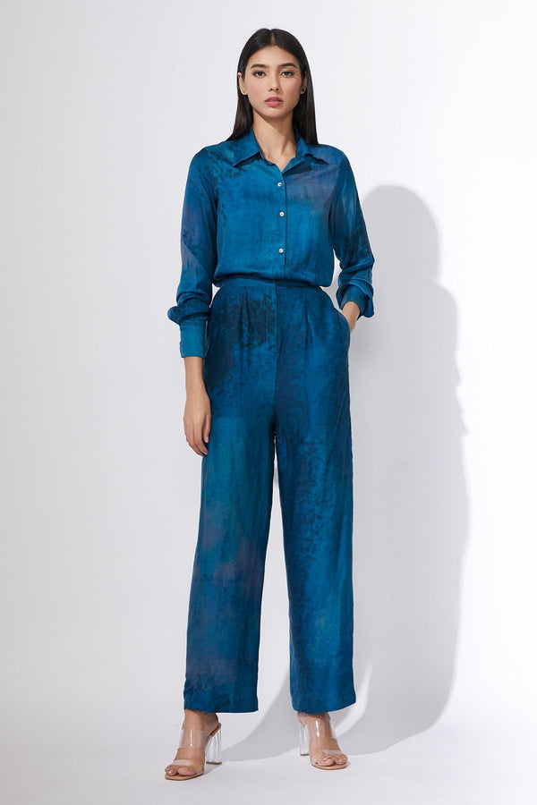 Blue Cotton Silk Printed Shirt And Pant Set