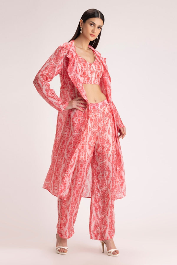 Pink Silk Organza Floral Print Jacket And Pant Set